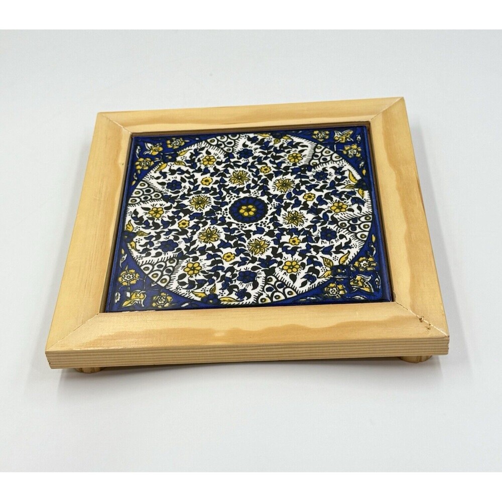 Barbour Ceramics Tile 8x8 square Stand Wood Cobalt Blue and White Yellow Flowers